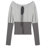 MQTIME  -  French round neck bow tie tie contrasting color waistband lantern long sleeved top T-shirt for women