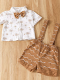 MQTIME  -  Adorable Baby Boy Summer Ensemble with Palm Tree Patterned Shirt Bowtie Elastic Waist Shorts and Suspenders - 2 Piece Set