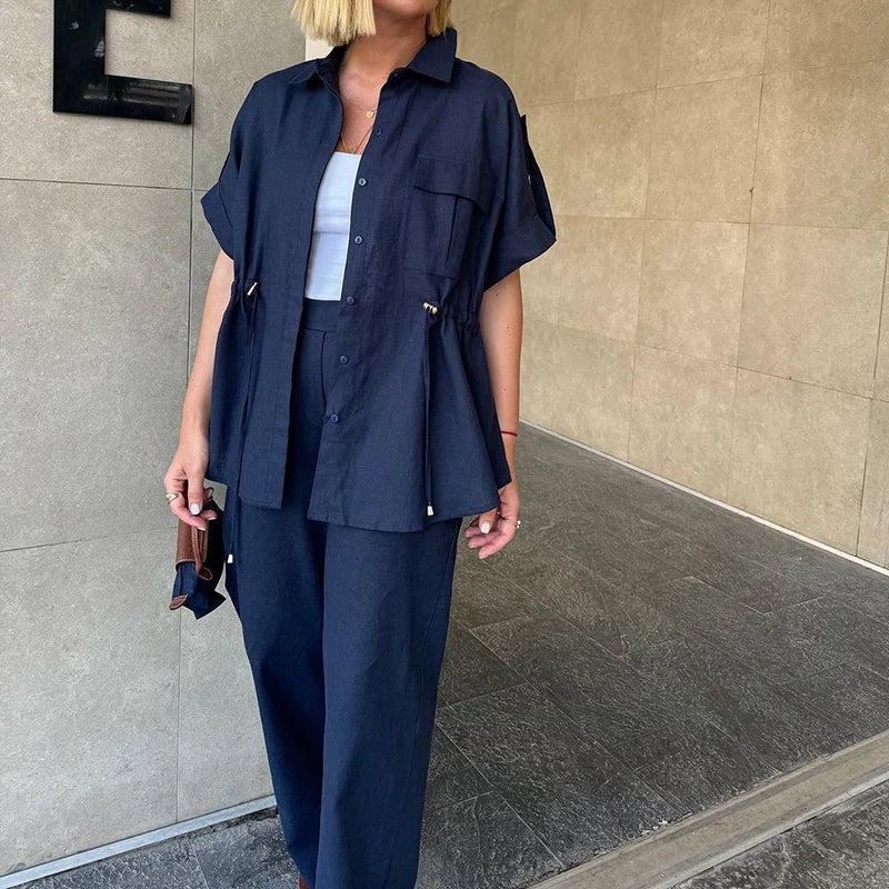 MQTIME  -  Summer Elegant Button Wide Leg Suit Casual Short Sleeve Shirt & Long Pant Outfits Women Fashion Lapel Solid Loose 2Pc Sets