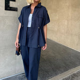 MQTIME  -  Summer Elegant Button Wide Leg Suit Casual Short Sleeve Shirt & Long Pant Outfits Women Fashion Lapel Solid Loose 2Pc Sets