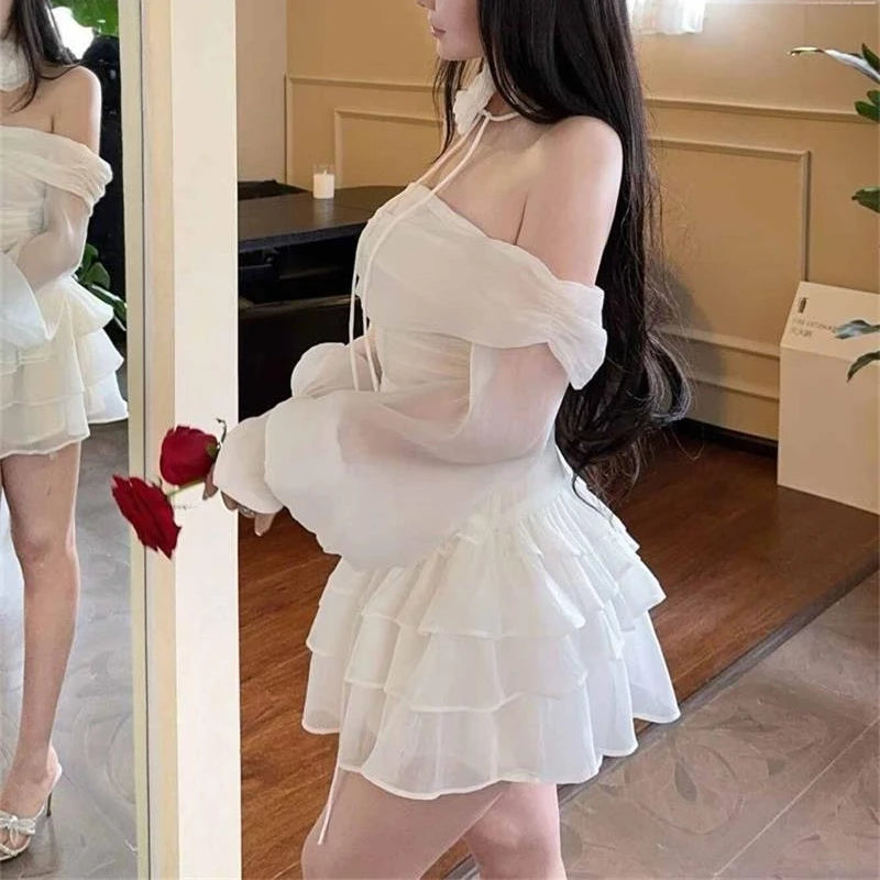 MQTIME  -  French Style Off Shoulder Lantern Sleeve Dress Women Slim Fit Waist A-Line Ruffled Cake Dress Prom Floral Tie Up Bustier Dresses