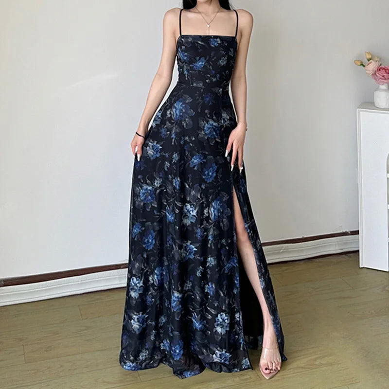 MQTIME  -  Retro printed cross backless mesh double-layer camisole skirt, sexy sexy slit waist long skirt for spicy girls