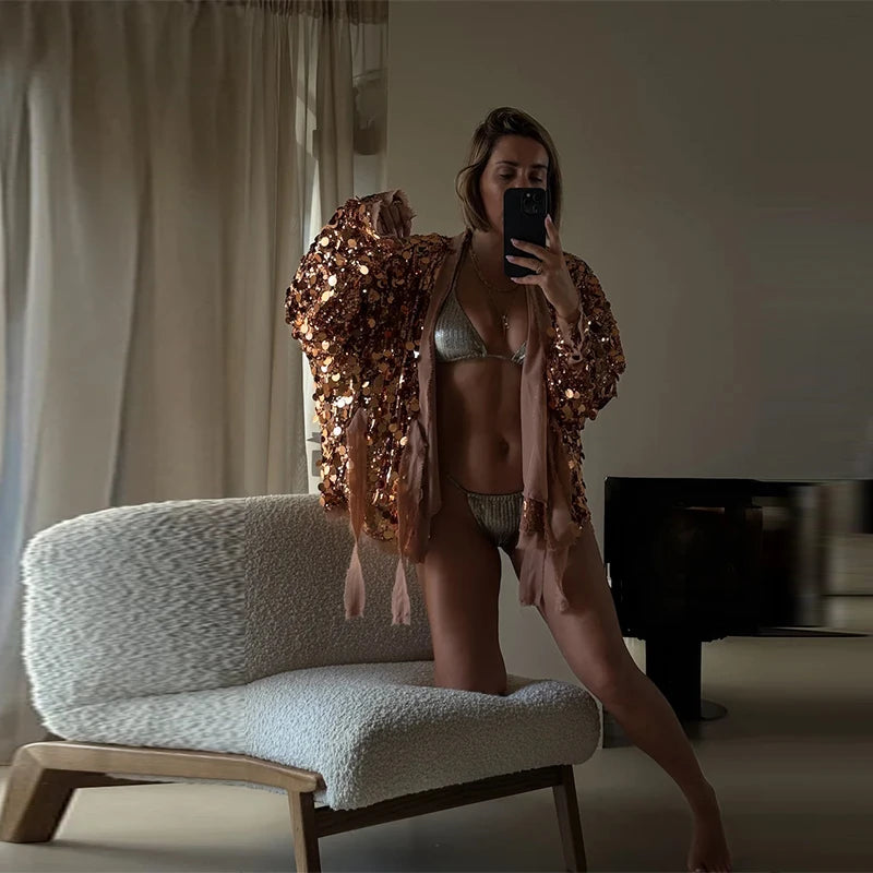 MQTIME  -   Luxury Sequin Oversized Wrap Jacket Fringe Trim Tie-Waist V-Neck Sparkly Coat Women's Casual Party Club Streetwear Outfits