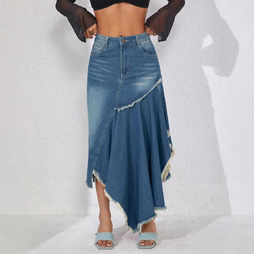MQTIME  -  Irregular Splicing Women's Dress, Asymmetrical Hem, European and American Large Skirt, Denim A-line Skirt