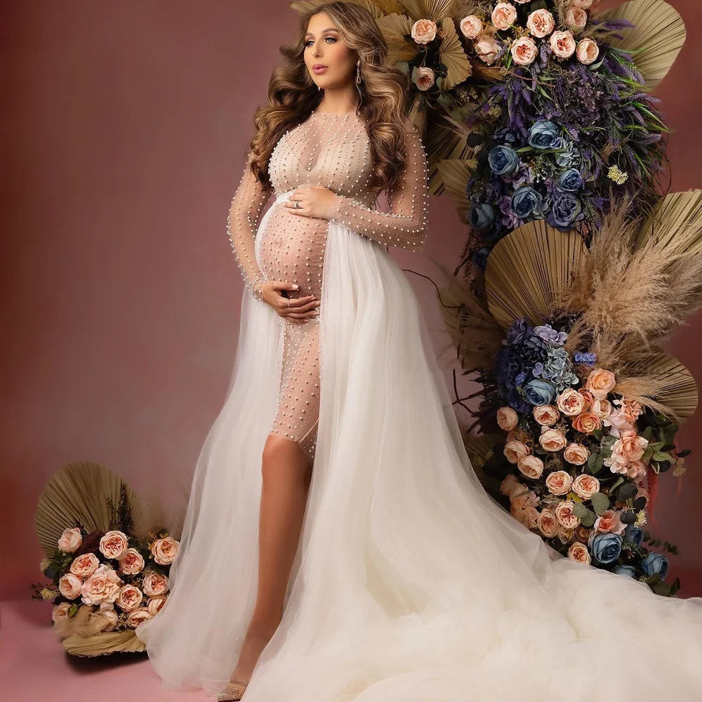 MQTIME  -  Sexy Pregnant Dress Transparent Tulle Pearl Maternity Photography Props Mesh Dress Shooting Photo Pregnancy Women Clothes