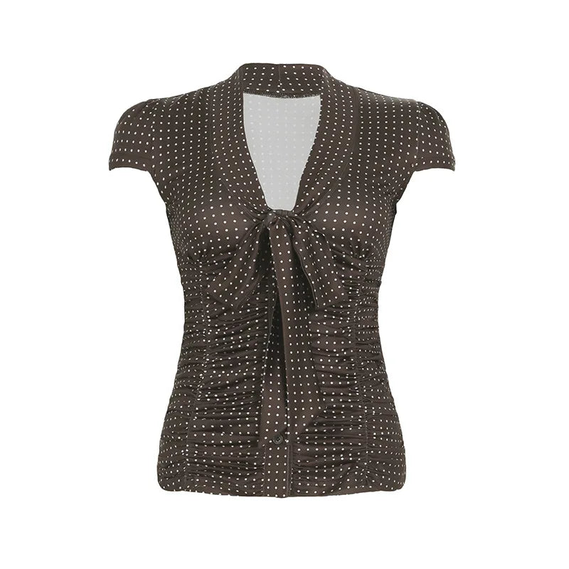 MQTIME  -  French lace up bow polka dot breasted short top with retro style, pleated waist, slimming effect, versatile short sleeved shirt