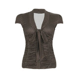 MQTIME  -  French lace up bow polka dot breasted short top with retro style, pleated waist, slimming effect, versatile short sleeved shirt