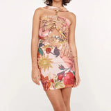 MQTIME  -  Fashion Pattern Printed Slim Short Dress Elegant Halter Hollow Club Party Dress Women Sexy Sleeveless Backless Draped Mini Dress