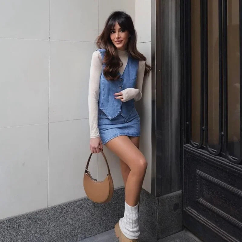 MQTIME  -  Women's Y2K Vintage Denim Waistcoat Sleeveless V-Neck Cropped Vest Tank Tops Button Up Jean Retro Cropped Jackets