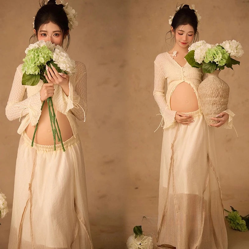 MQTIME  -  Women Photography Props Maternity White Elegant Pregant Split Top with Skirt Pregnancy Dresses Studio Photo Shoot Photo Clothes