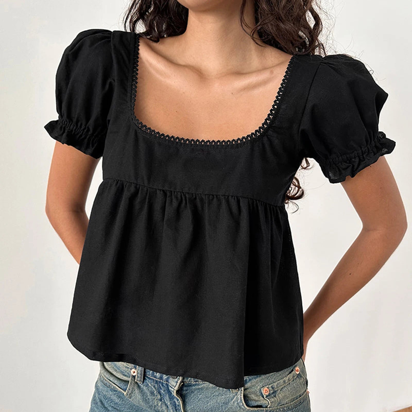 MQTIME  -  Women's Y2K Cute Ruffled Puff Short Sleeve Solid Color Cropped T-Shirts Square Neck Summer Babydoll Tops Streetwear