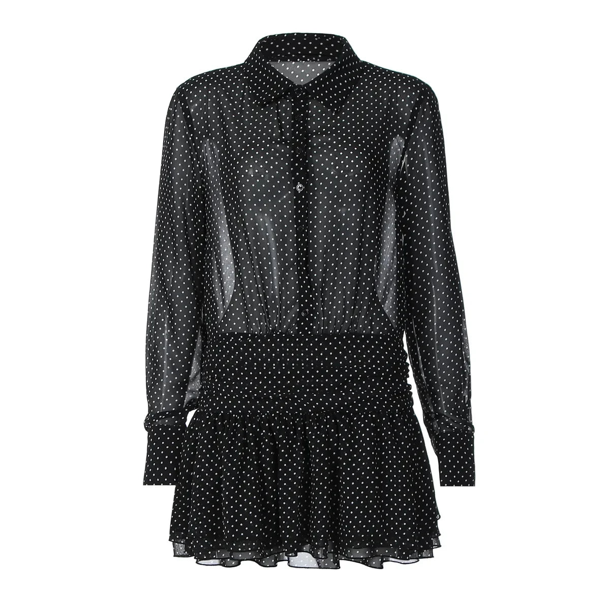 MQTIME  -  New Fashionable Polo Collar Patchwork Dot Mini Dress For Women Patchwork See-Through Elegant Party Dress Women's Autumn Dress