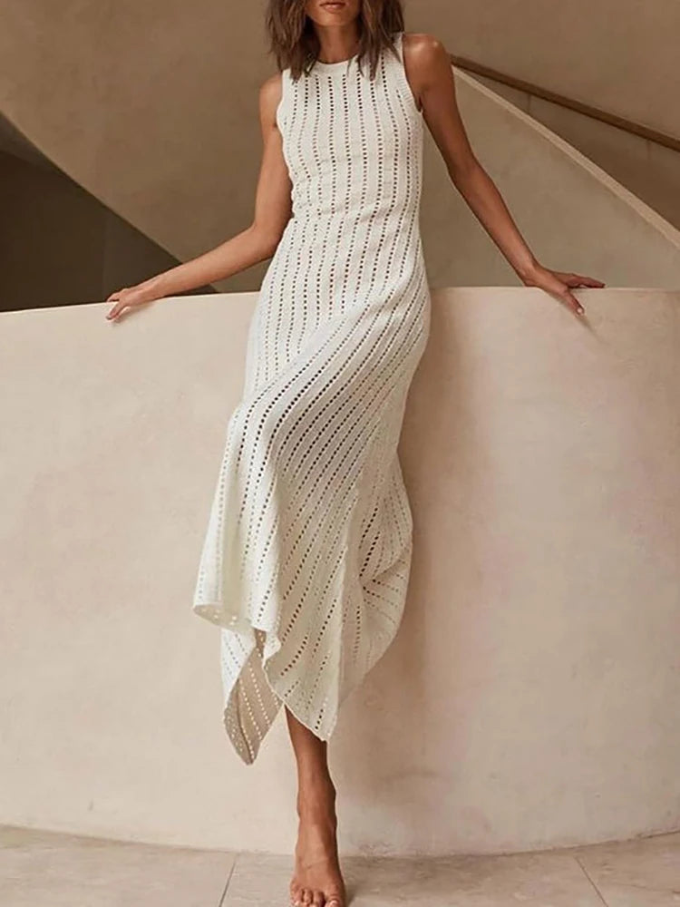 MQTIME  -  Knitted Beach Vacation Hollow Long Dress Lady O-neck Sleeveless Vest Summer A-line Dress Simple Solid Color Beach Cover Up Dress