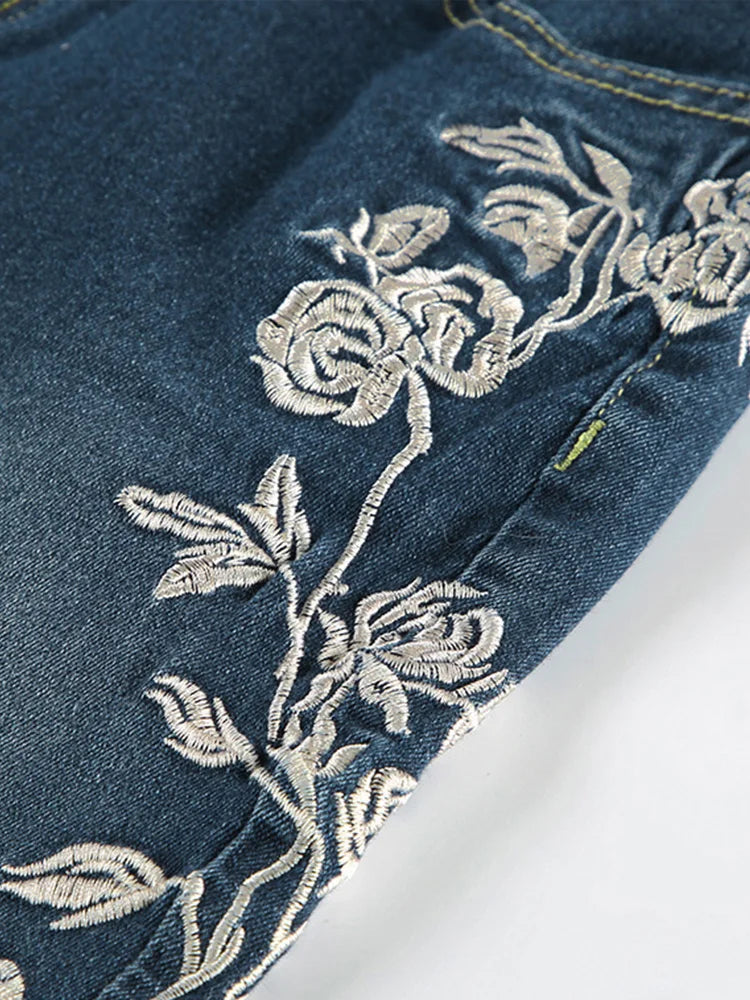 MQTIME  -  Chic Rose Embroidered Gradient Slightly Flared jeans for Women Slim Low Rise Dragging Denim Pants Casual Elegant Fashion Trouser