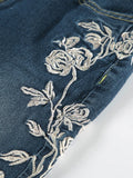 MQTIME  -  Chic Rose Embroidered Gradient Slightly Flared jeans for Women Slim Low Rise Dragging Denim Pants Casual Elegant Fashion Trouser