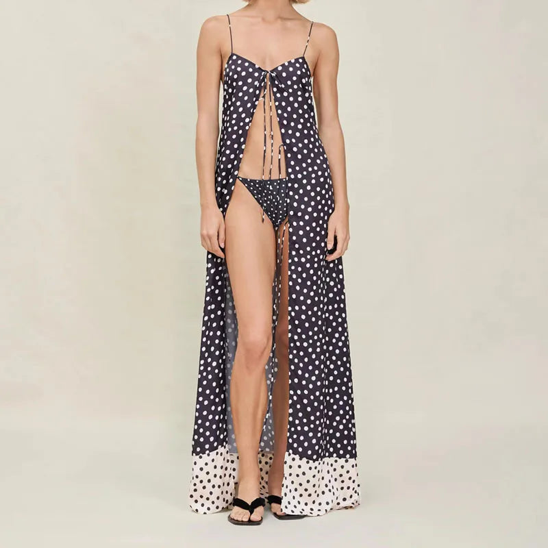 MQTIME  -  Sexy Off Shoulder Sling Tops with Pant Suit Women's Elegant Sleeveless Lace-Up Hollow 2Pc Sets Fashion Polka Dot Print Outfits