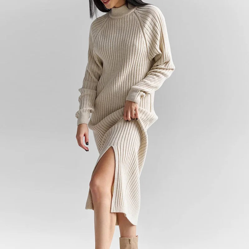 MQTIME  -  Ribbed Knitted Midi Dress Women Fashion High Neck Full Sleeve Side Slit Dresses 2025 Autumn Winter Female Daily Casual New Robe