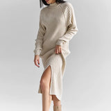 MQTIME  -  Ribbed Knitted Midi Dress Women Fashion High Neck Full Sleeve Side Slit Dresses 2025 Autumn Winter Female Daily Casual New Robe