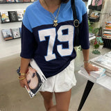 MQTIME  -  Women's Summer Y2K Vintage Loose Basic T-Shirt Casual Aesthetic Grunge Number Print V-Neck Short Sleeve Sporty Tops