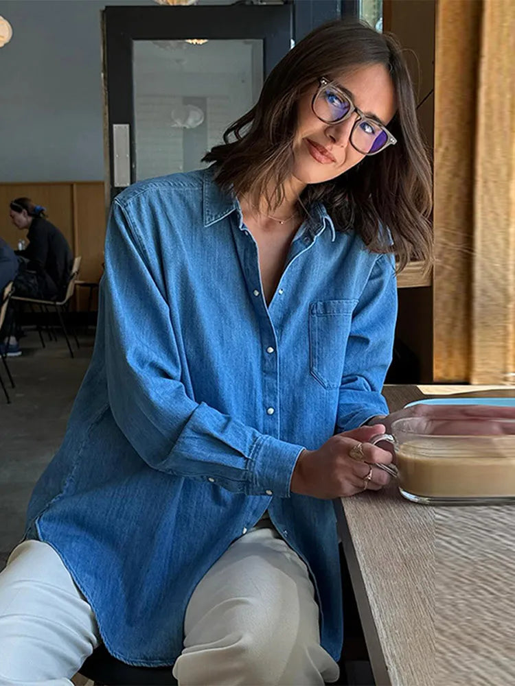 MQTIME  -  Casual Denim Blue Shirt Women Spring Summer Sun Protection Cardigan Solid All-match Shirts With Button Lady Streetwear 2025