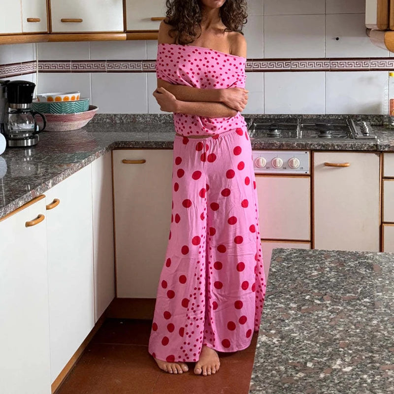 MQTIME  -  Sexy Swing Collar Tops & Long Skirt Suit Women Elegant Simple Polka Dot Print Party Skirt Outfits Casual Sleevless Slim 2Pc Sets