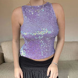 MQTIME  -   Fashion Sequined O-neck Vest Women Sexy Knitted Sleeveless Solid Slim Shinny Tops Female 2025 Casual Summer Party Top Lady