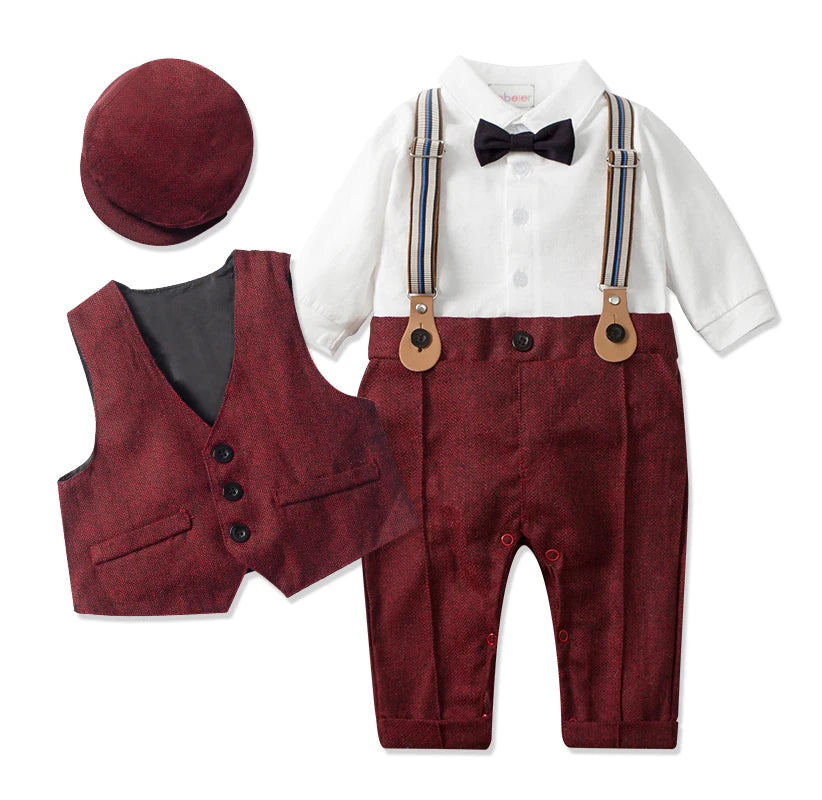 MQTIME  -  Baby Boy Formal Suit  Party Birthday Wedding Toddler Boys Outfit  Jumpsuit+Waistcoat+Beret+Bowtie+Suspender 0-3 Months