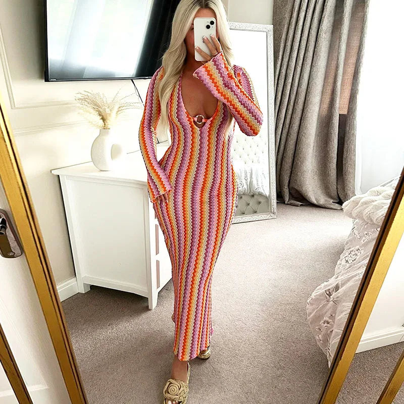 MQTIME  -  Elegant Stripes Print Hollow Out Long Dress Women Sexy V-neck Long Sleeve Wrap Hip Dress Fashion Hight Waist Slim Party Dresses