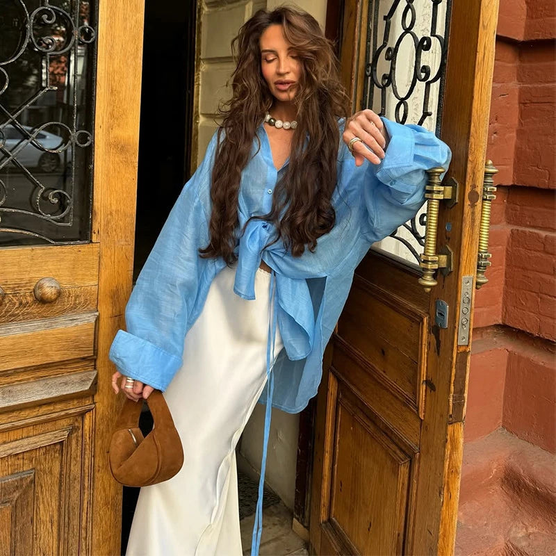 MQTIME  -   Oversized Women's Sheer Casual Shirt Blouse Draped Long Sleeve Lapel Loose Fit Outerwear New Casual Daily Streetwear Outfit