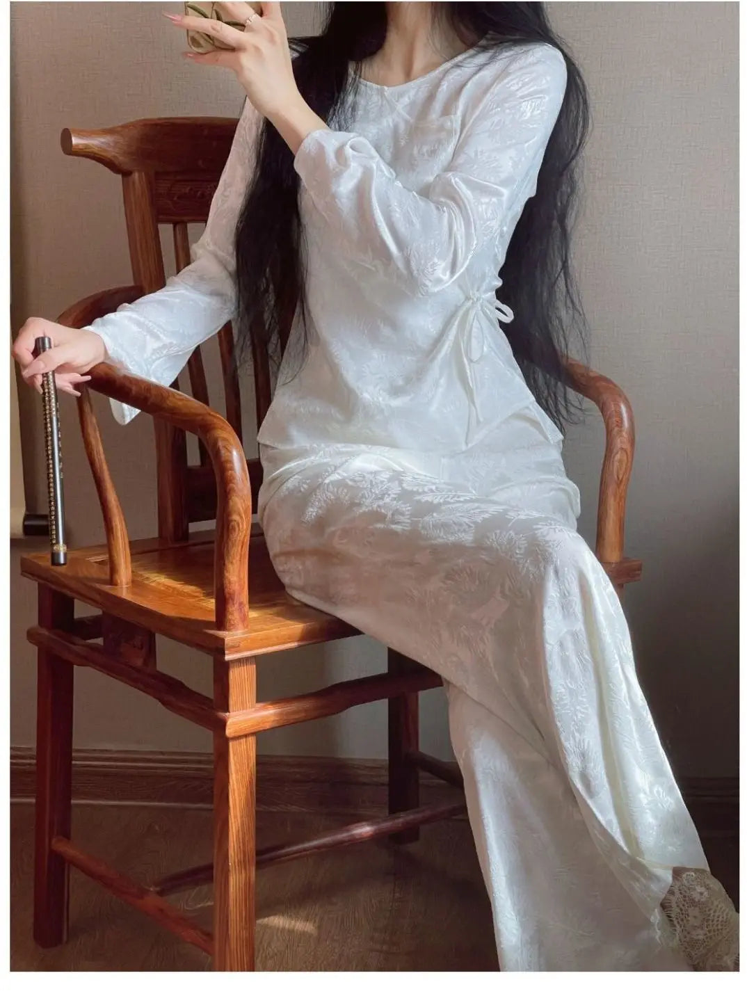 MQTIME  -  Spring Retro Chinese Style Pink Jacquard Home Dress Chinese Set Classical Fashion Round Neck Skew Collar Pajamas Two-piece Trend