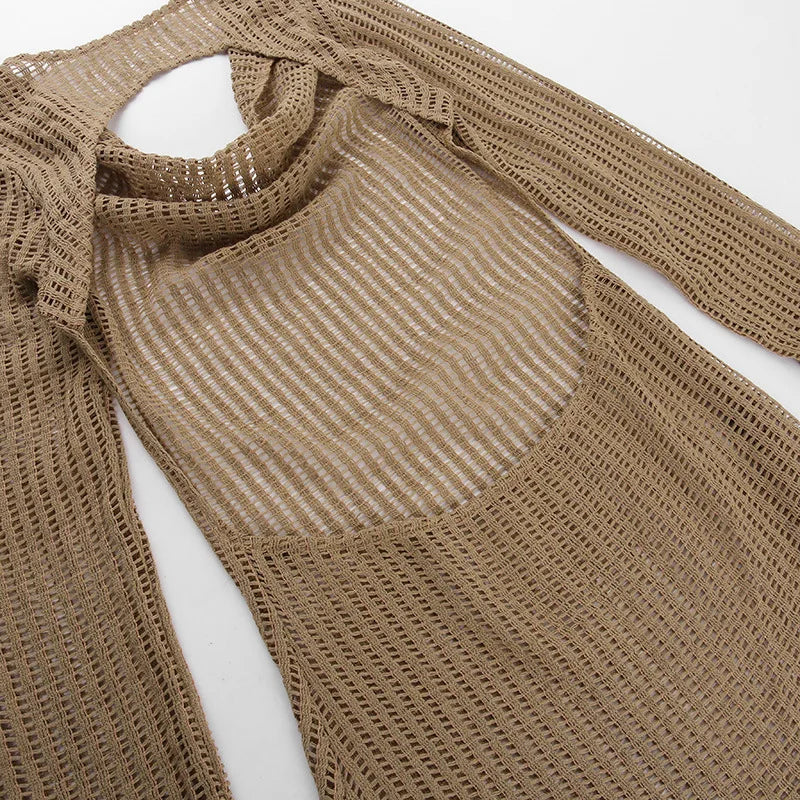 MQTIME  -  V Neck Backless Beach Mini Dress For Women Knitted Fishnet See Through  Long Sleeve Club Sexy Elastic Casual Party Vestidos