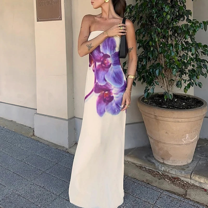 MQTIME  -  Summer New Floral Printed One-piece Robes Elegant Sleeveless Backless Slim Evening Dress Sexy Tube Top Floor-length Long Dress