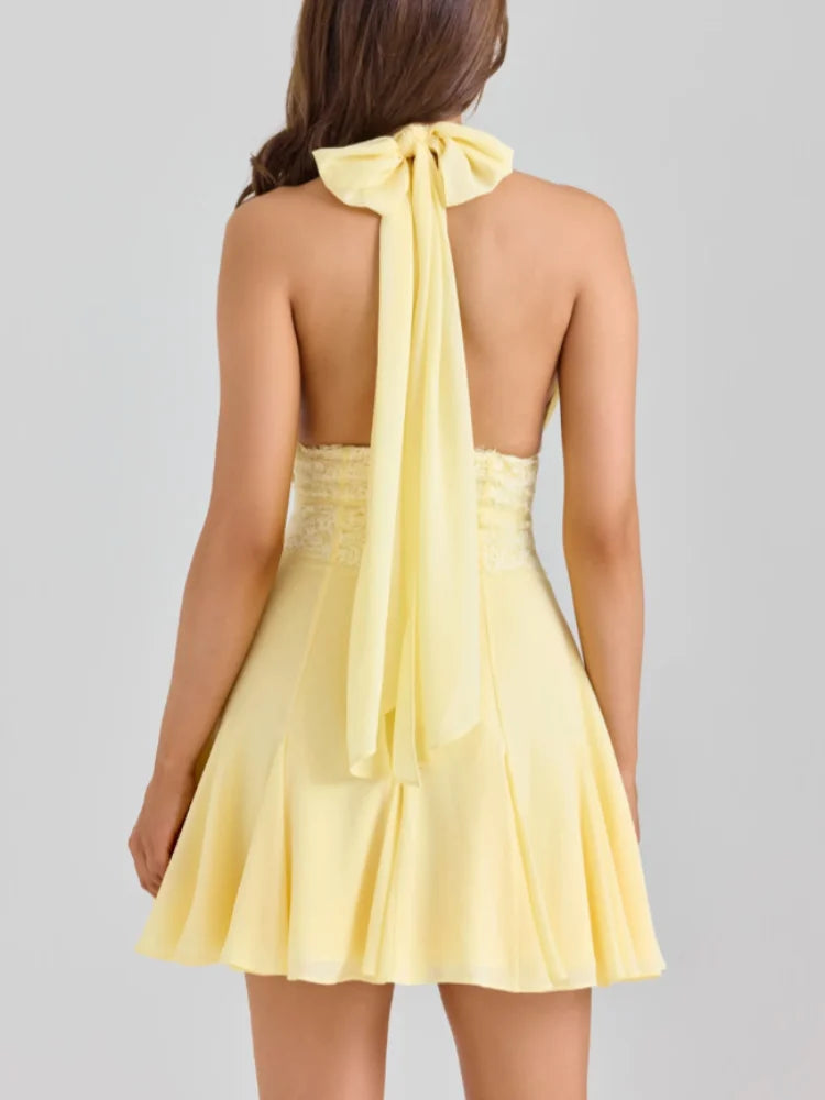 MQTIME  -   Yellow Lace Women Short Dress Sexy V Neck Halter Sleeveless Backless Party Gown Summer Chic Beach Holiday Lady Vestidos