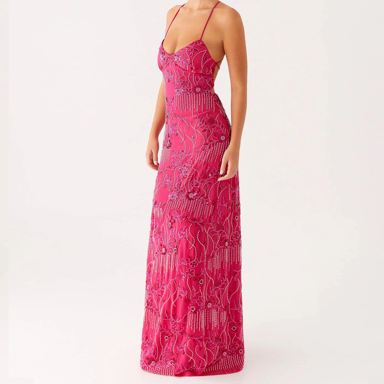 MQTIME  -  Women Beading Sequins Flower Embroidery Sleeveless Summer Cross Tied Backless Spaghetti Strap A-line Cami Long Dress