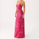 MQTIME  -  Women Beading Sequins Flower Embroidery Sleeveless Summer Cross Tied Backless Spaghetti Strap A-line Cami Long Dress