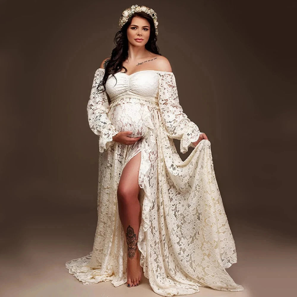 MQTIME  -   Elegant Maternity Dresses Photoshoot Embroidered Tulle Gown for Pregnancy Photography Baby Shower Wedding Summer dress