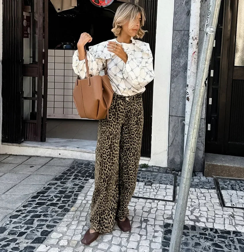 MQTIME  -  Women's Leopard Print High-Waisted Trousers - Button-Fly Wide Leg Pants with Belt Loops, Retro Fall Winter Street Style
