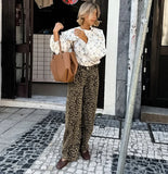 MQTIME  -  Women's Leopard Print High-Waisted Trousers - Button-Fly Wide Leg Pants with Belt Loops, Retro Fall Winter Street Style