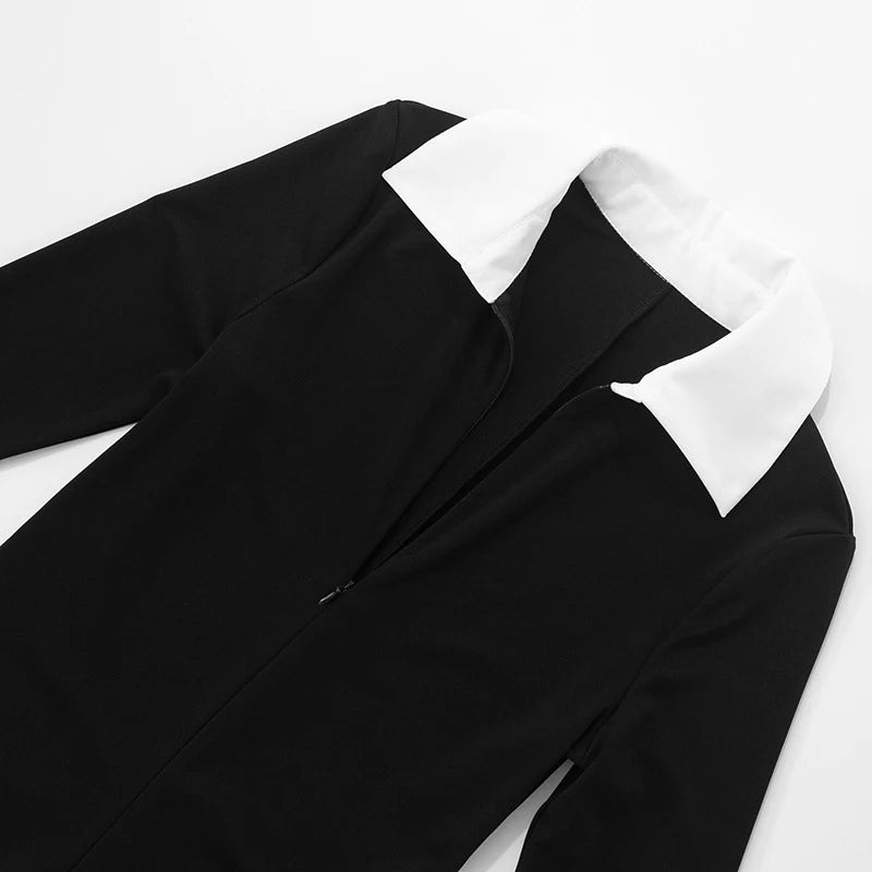 MQTIME  -  Women Fashion Commuter Clothing Color Contrasting Zipper Turn-down Neck  Long sleeved Tight Sexy High Waist Shorts Jumpsuit