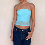 MQTIME  -  Women's Summer Strapless Bandeau Tops Stylish Solid Color Sheer See-Through Slim Fit Ruched Backless Crop Tube Vest