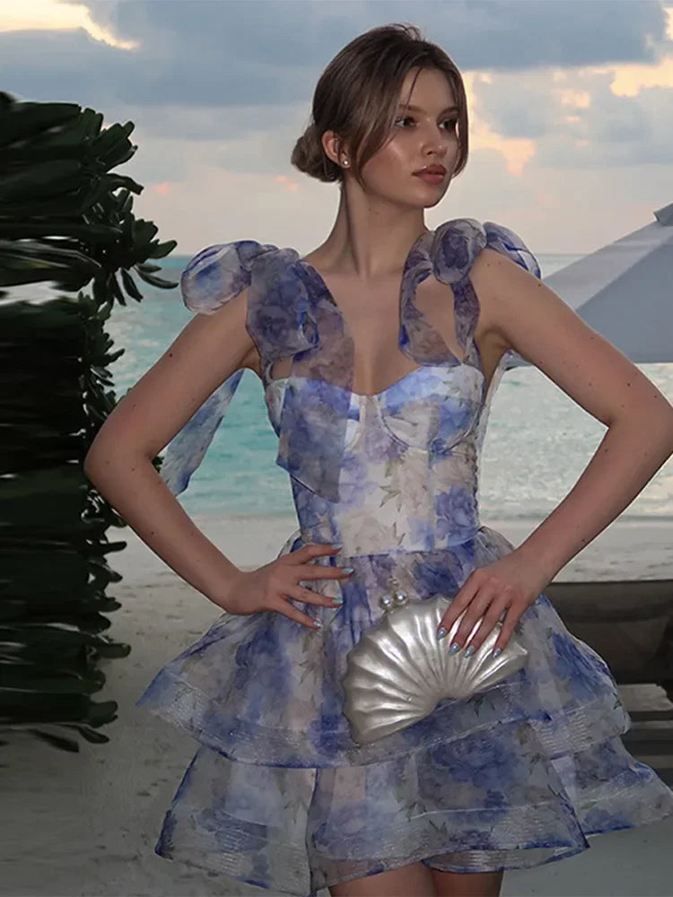 MQTIME  -  Elegant Printed Short Dresses Women Chic Lace Up Sleeveless Puff Dress Female Summer Holiday High Waist Lady Vestidos Beachwear