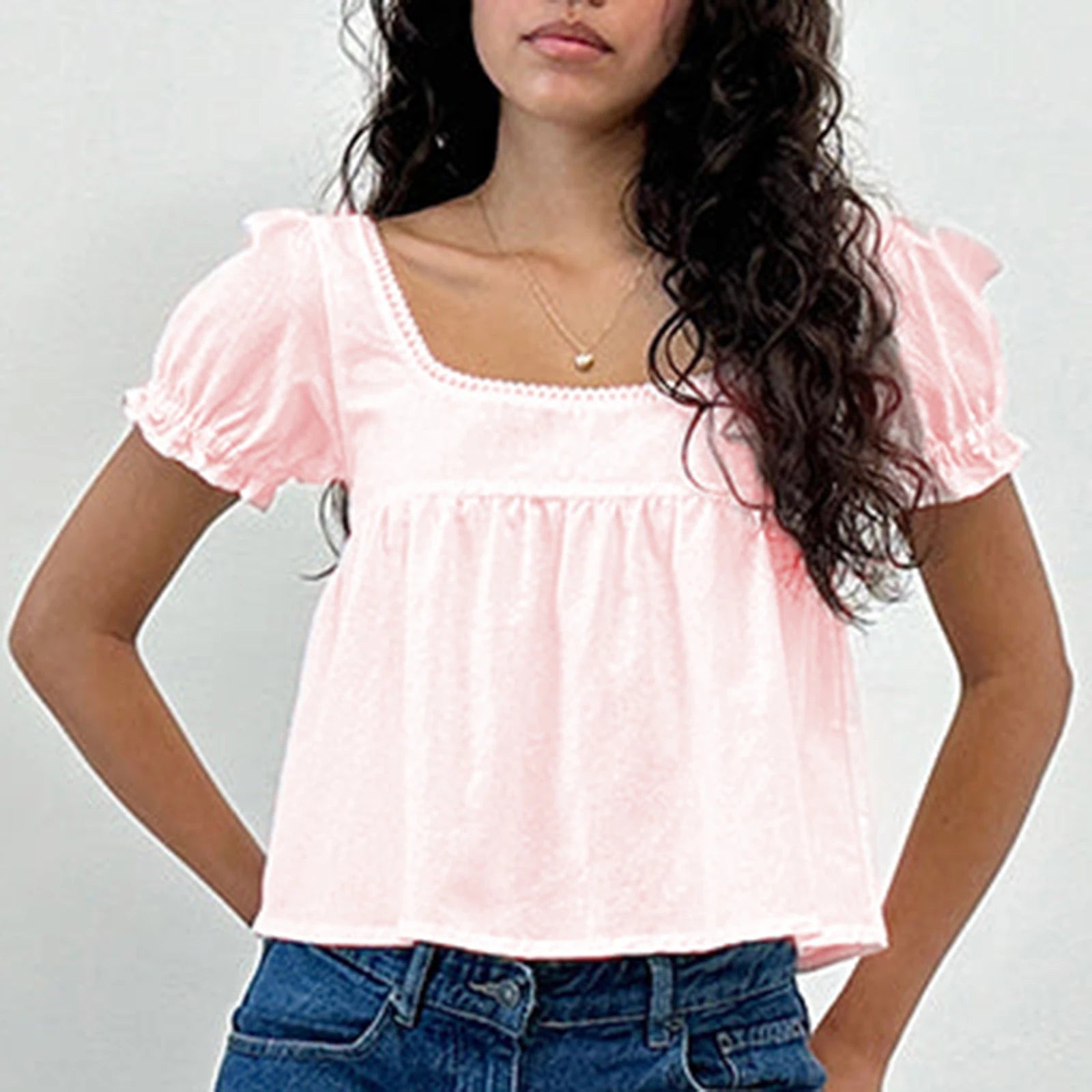 MQTIME  -  Women's Y2K Cute Ruffled Puff Short Sleeve Solid Color Cropped T-Shirts Square Neck Summer Babydoll Tops Streetwear