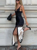 MQTIME  -  Contrast Color Lace Patchwork Satin Split Dress Women Sleeveless Backless Strap Sexy Party Chic Dresses 2025 New Street Robe