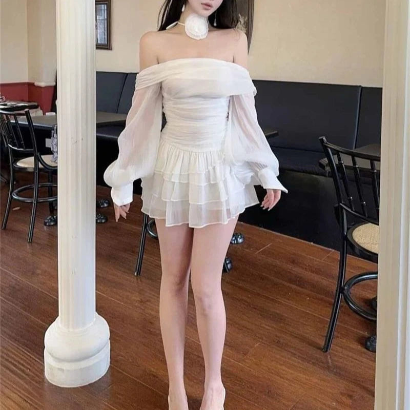 MQTIME  -  French Style Off Shoulder Lantern Sleeve Dress Women Slim Fit Waist A-Line Ruffled Cake Dress Prom Floral Tie Up Bustier Dresses