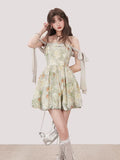 MQTIME  -   Retro Floral Women Dress French Camisole Bow Vintage Sweet Strapless Mini Dress A Line Slim Simple Commuting Female Dress New