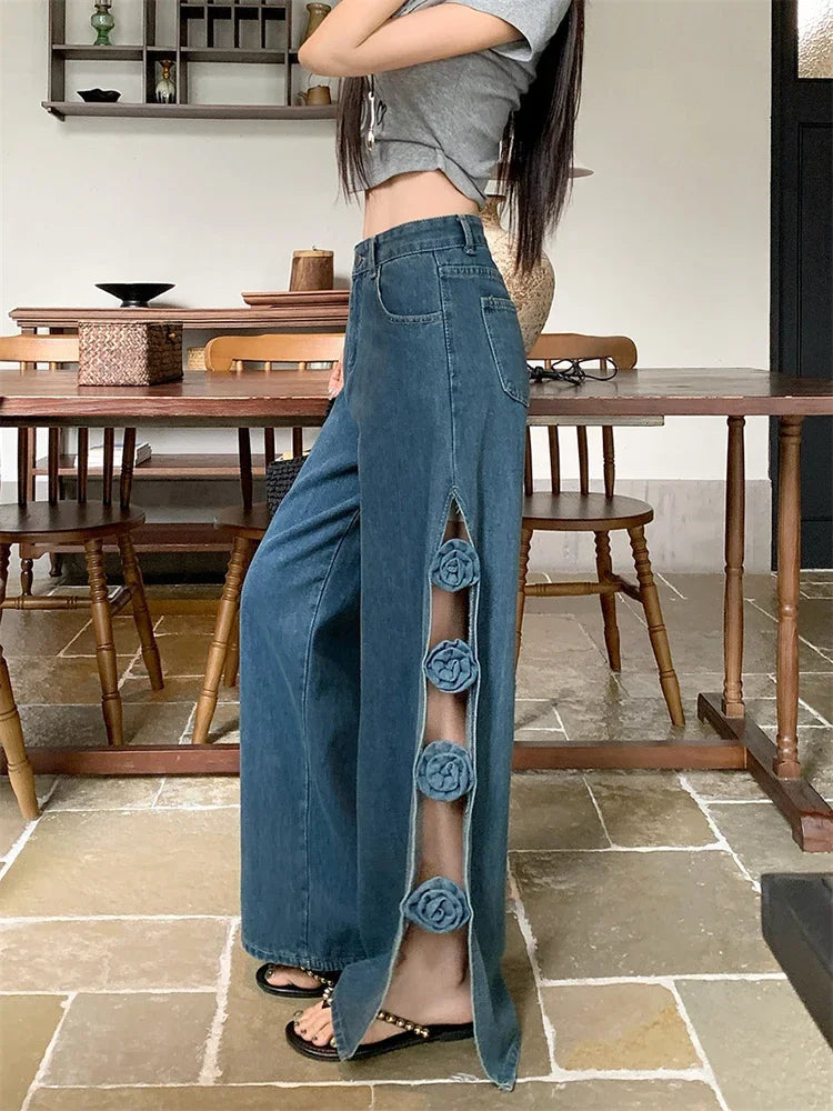 MQTIME  -  3D Floral Hollow Out Women Jeans Split Hotsweet Summer Casual Fashion Full Length Denim Pants Blue Streetwear Loose Trousers