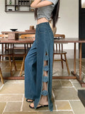MQTIME  -  3D Floral Hollow Out Women Jeans Split Hotsweet Summer Casual Fashion Full Length Denim Pants Blue Streetwear Loose Trousers