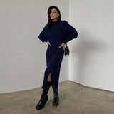 MQTIME  -  Ribbed Knitted Midi Dress Women Fashion High Neck Full Sleeve Side Slit Dresses 2025 Autumn Winter Female Daily Casual New Robe