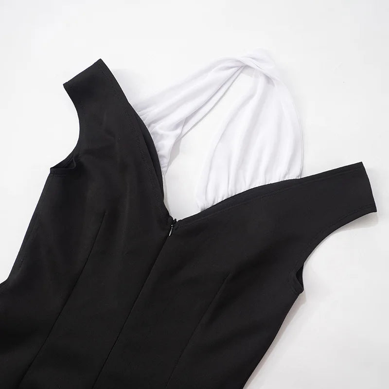 MQTIME  -  Black and White Patchwork Halterneck Mini Dress Elegant Outfits Button Up A Line Dresses Summer Y2k Woman New