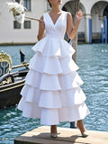 MQTIME  -   Summer Women's Tiered Sheer Maxi Dress V-neck Sleeveless A-line Pleated Party Dress Elegant Wedding Gowns